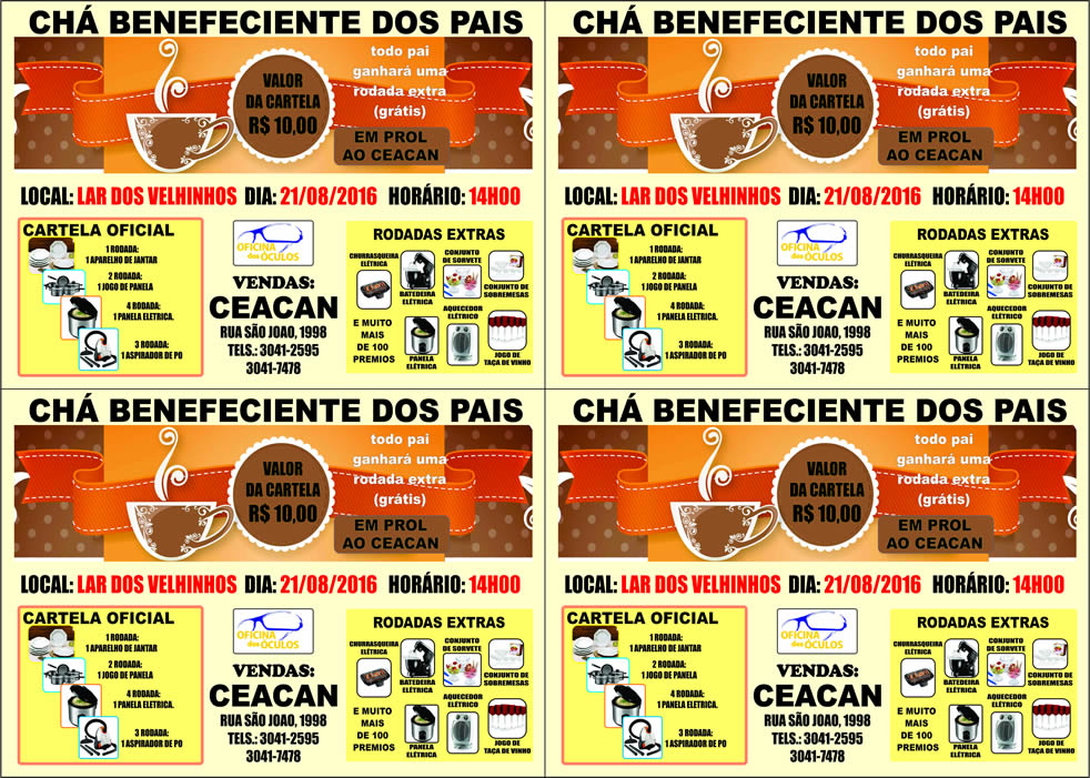 Chá Beneficente dos Pais no Lar dos Velinhos dia 21/08/2016 as 14:00hs